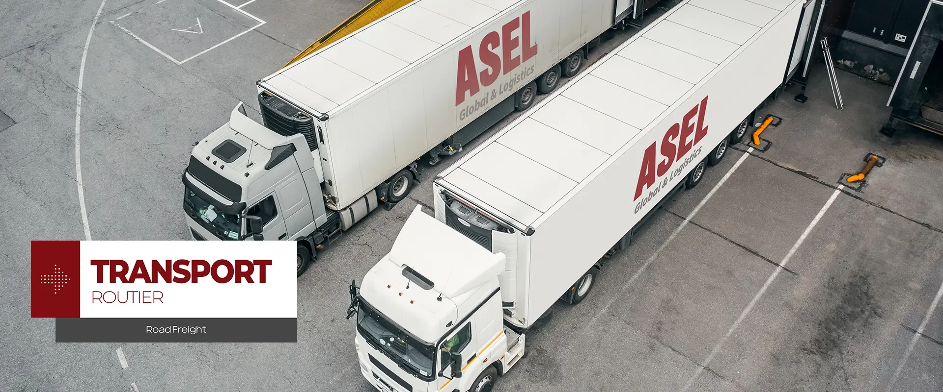Asel Global représente le transport routier avec deux camions écrits