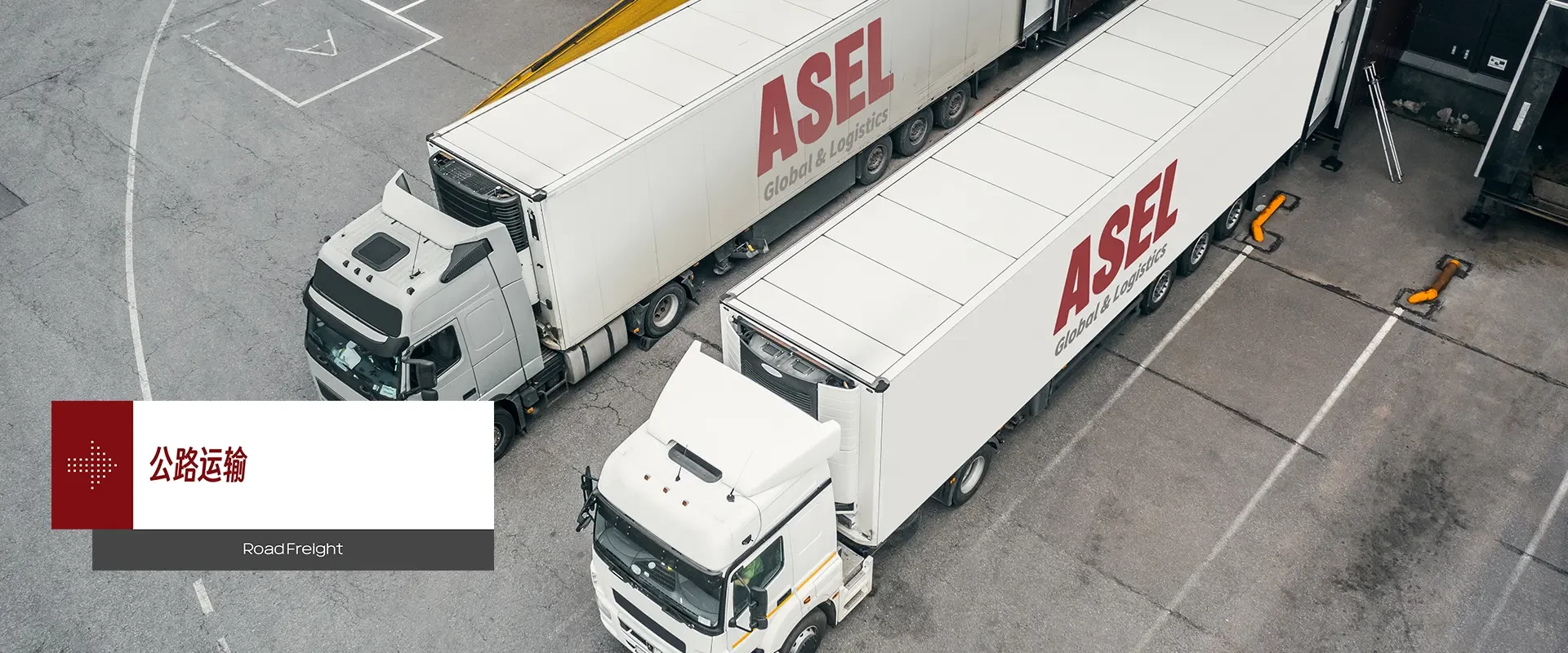 两辆带有 Asel Global 标志的卡车代表公路运输