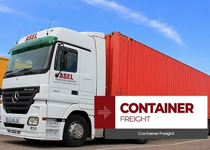 A large truck with a red trailer, featuring a picture that says Container Transportation