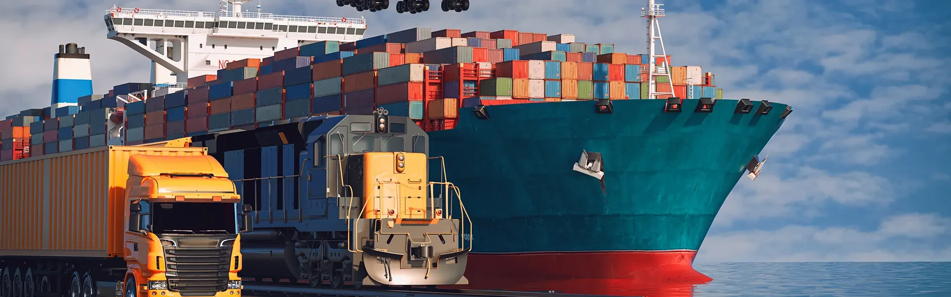 Truck, train, container ship, and cargo plane. The picture says "Integrated Logistics Services"