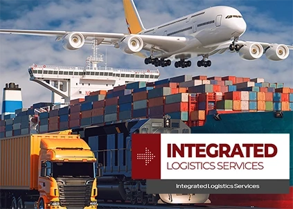 Truck, train, container ship, and cargo plane. The picture says "Integrated Logistics Services"