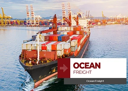 In the middle of the sea, there is a large container ship with the inscription "Sea Transportation" on it