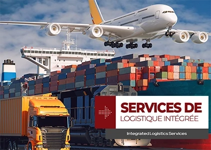 Camion, train, navire porte-conteneurs et avion cargo. Sur l'image, il est écrit Services logistiques intégrés