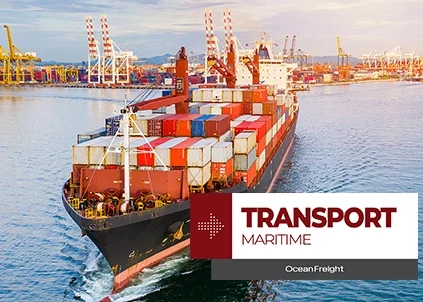 Au milieu de la mer, un grand navire porte-conteneurs affiche le texte "Transport maritime"