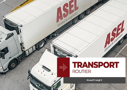 Asel Global représente le transport routier avec deux camions écrits